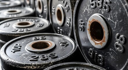 Obraz premium Close-up of stacked weight plates for strength training at a gym.