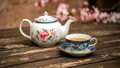 Floral tea set on weathered wooden table