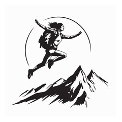 Happy Woman Jumping on Mountain Peak Vector Illustration Isolated on White