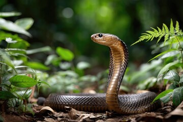 Fototapeta premium Indian cobra in a defensive display in the forest 