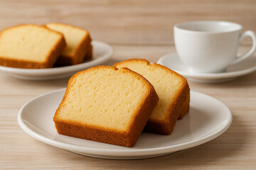 Freshly baked pound cake slices on white plate with coffee cup. homemade dessert breakfast concept