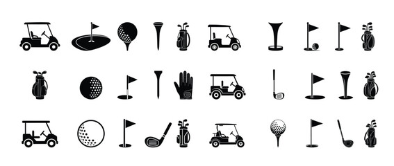 Obraz premium Golf Equipment Icon Set – Golf Cart, Clubs, Ball, Tee, Flag, and Accessories Vector