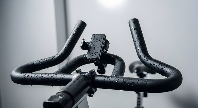 Close-up of a stationary exercise bike with water droplets in a gym.