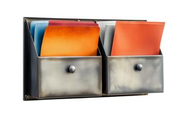 Metal wall mounted file holder with colorful folders on transparent background