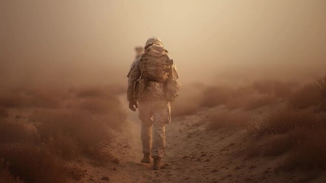 Soldier walking dusty desert path with heavy backpack military gear camouflage slow motion heat haze intense atmosphere