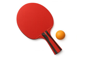 Red table tennis paddle and orange ball lying on a transparent background, ready for competition or training