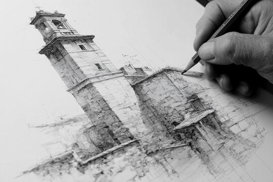 Pencil sketch of a medieval European castle with towering towers