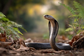 Fototapeta premium Indian cobra in a defensive display in the forest 
