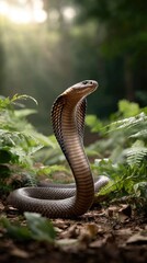 Fototapeta premium Indian cobra in a defensive display in the forest 