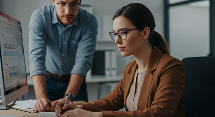 Mentor and young female employee collaborating on a new project in a modern office.

