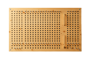 Pegboard organizer with wooden texture and screw accessories on transparent background