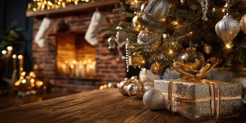 The Beautifully Decorated Christmas Tree with Presents and a Cozy Fireplace