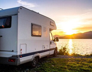 White campervan parked lakeside at sunset, reflecting golden light