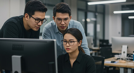 Three professional employees focused on a computer screen during a team meeting.

