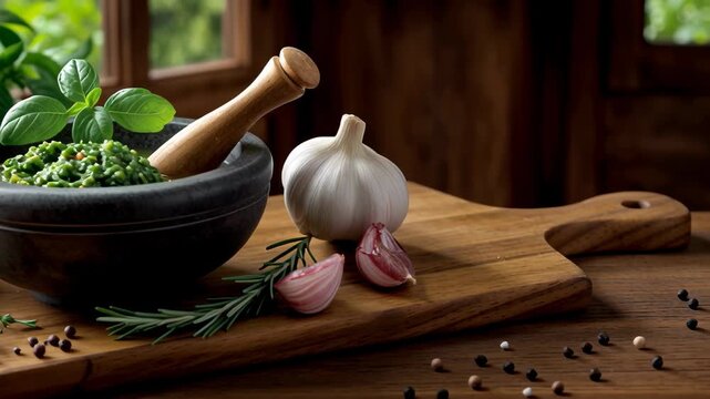 Delicious process of making fresh pesto from scratch with herbs and garlic