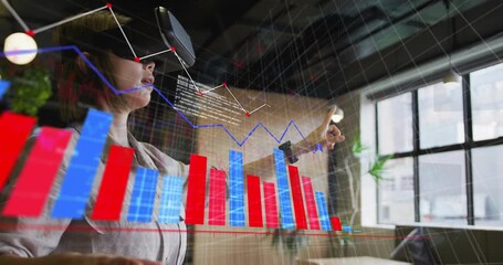 Data professional wearing VR headset extending arm tapping bar chart scrolling analytics display - Powered by Adobe