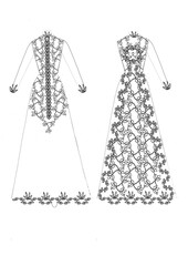 Traditional dress design sketch with ornamental floral and swirl patterns, front and back view
