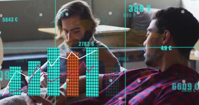 Phone tapping by colleague initiating chart overlays and colleagues analyzing live financial data