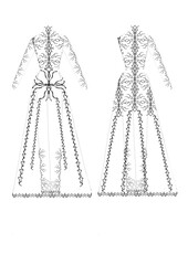 Traditional dress design sketch with ornamental floral and swirl patterns, front and back view