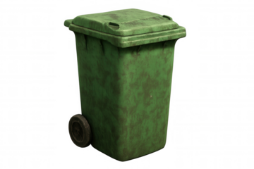 Green plastic wheelie bin standing on transparent background, representing recycling, waste management, urban sustainability practices