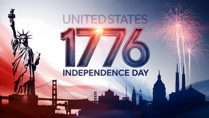 United States Independence Day 1776 Graphic with Statue of Liberty, Fireworks, and City Skyline Silhouette