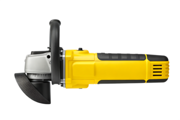 Yellow cordless angle grinder with handle isolated on a transparent background power tool