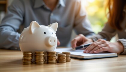 Financial planning session with white piggy bank office setting business meeting productive environment close-up view savings concept
