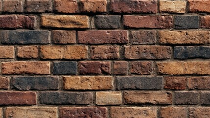 a close up of an old brick wall with varying shades of red and brown bricks