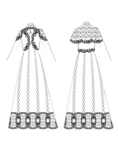 Traditional dress design sketch with ornamental floral and swirl patterns, front and back view