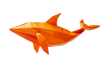 Geometric orange origami whale floating serenely on a transparent background
