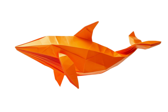 Geometric orange origami whale floating serenely on a transparent background
