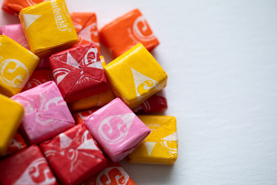 closeup square starburst candy on white background