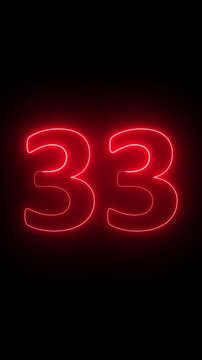 Glowing red neon "33" text animation, educational and promotional concept, 4K QuickTime, isolated on black background, ready for use.