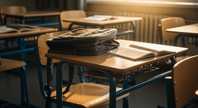 Sickness Absence of Young Student Shown by Vacant Seat and Untouched School Bag in Classroom
