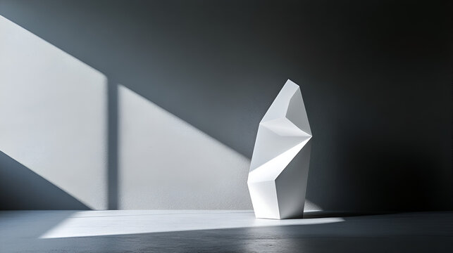 A minimalist geometric sculpture stands bathed in light, creating a striking contrast of shadows and highlights against a textured wall.