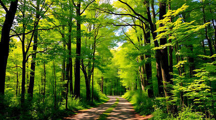 Obraz premium Sunlight streams through a foggy autumn forest, illuminating a winding path among the trees and fallen leaves