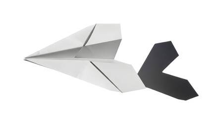 White paper airplane with a dark shadow isolated on transparent background