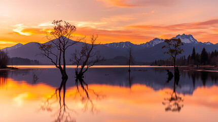 Fototapeta premium Golden sun setting and rising over the tranquil lake, its reflections mirroring the colorful sky and surrounding forest