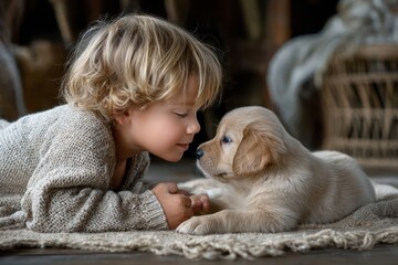 Child interacts closely with puppy in cozy indoor setting