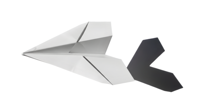 White paper airplane with a dark shadow isolated on transparent background