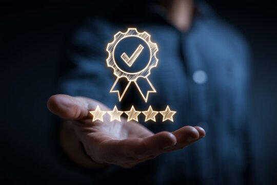 Close-up of hand holding a digital graphic of a quality check symbol with stars, glowing on dark background, concept for performance appraisal, customer satisfaction and excellence award