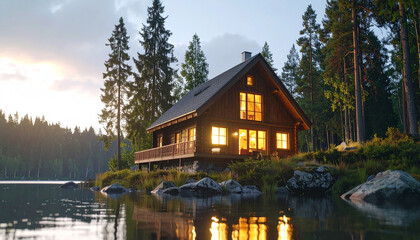 Fototapeta premium Wooden house near lake at the sunset. Surrounded by trees and a calm lake.