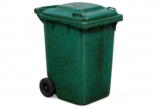 Green plastic wheelie bin on transparent background, symbolizing responsible waste disposal and recycling practices