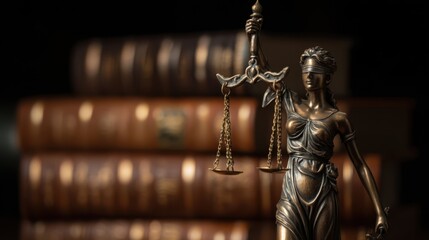 The bronze statue of Lady Justice holding scales above a background of law books.