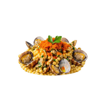 Meticulously plated sardinian fregola con arsella e bottarga with toasted pasta, succulent clams, bright bottarga, parsley in white bowl on transparent studio background, high-end food advertisement