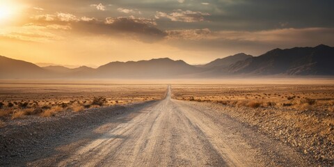 The tranquil dirt road leading to distant mountains at sunset.