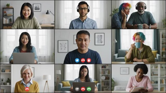 9 Diverse Team Video Conference Call - A split screen shows eight diverse individuals participating in a video conference call from their respective home offices.