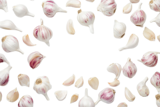 Fresh garlic bulbs and cloves arranged on a black background on transparent background