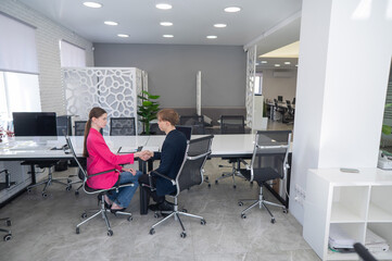 Man and woman shaking hands in office. 