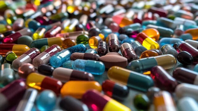 Colorful pharmaceutical capsules and tablets scattered on surface with vibrant pills and medication in various shapes and sizes for health treatment and drug care concepts